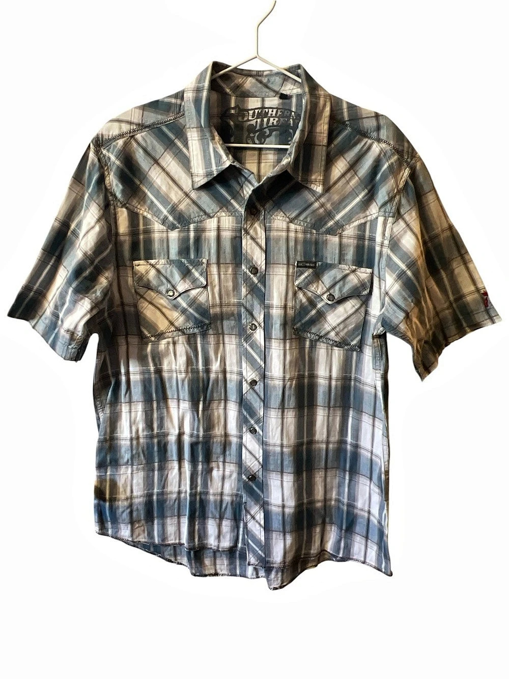 Southern Thread Men's Plaid Button Down Blue Brown XL Pearl Snap buttons